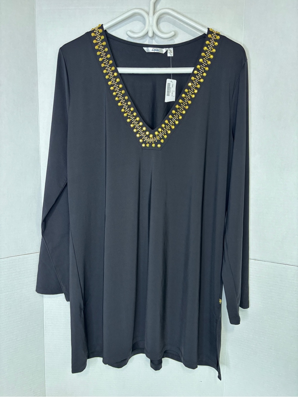 La Vie En Rose Aqua Black Long Sleeve Swim Top Gold Sequin Trim Beach Coverup